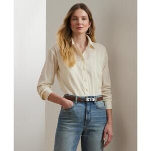 Lauren Ralph Lauren Women's Lace-Trim Cotton Voile Shirt Cream Size XL 2174